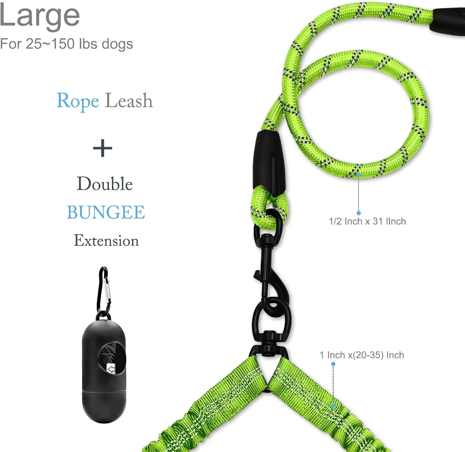 Dog Leash, Double Dog Leash for Two Dogs, Heavy Duty Adjustable Dual Dog Leash No Tangle, Bungee Retractable Split Multiple Leash for Walking 2 Dogs, Dog Poop Bags Trip Essentials (5.5FT-1/2, Green)