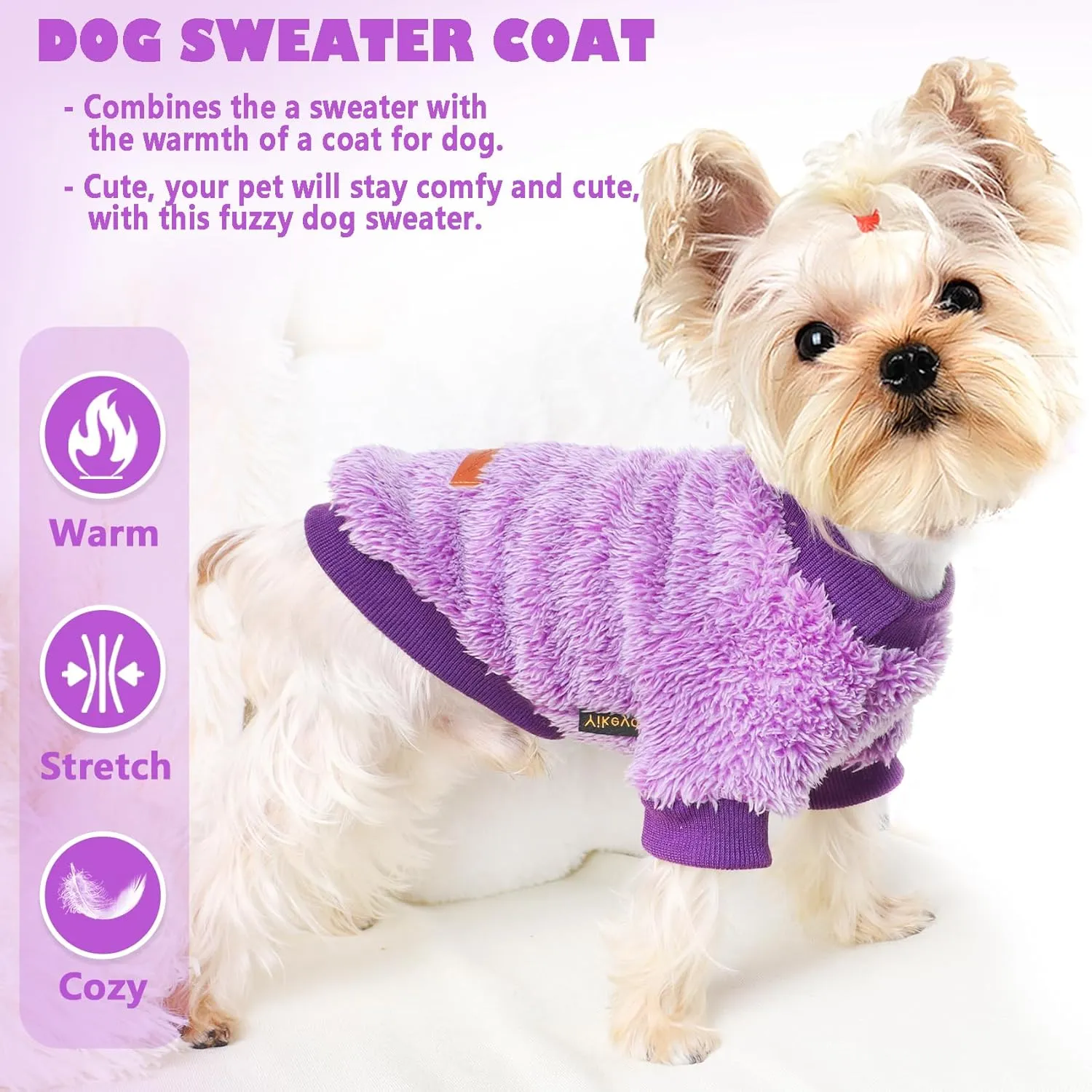Dog Sweaters for Small Dogs Girl Male Dog, Sweater, Soft Fleece Pet Winter Clothes Boy Girl, Fuzzy Sweatshirts Flannel Jacket Puppy Coat(M,Purple)