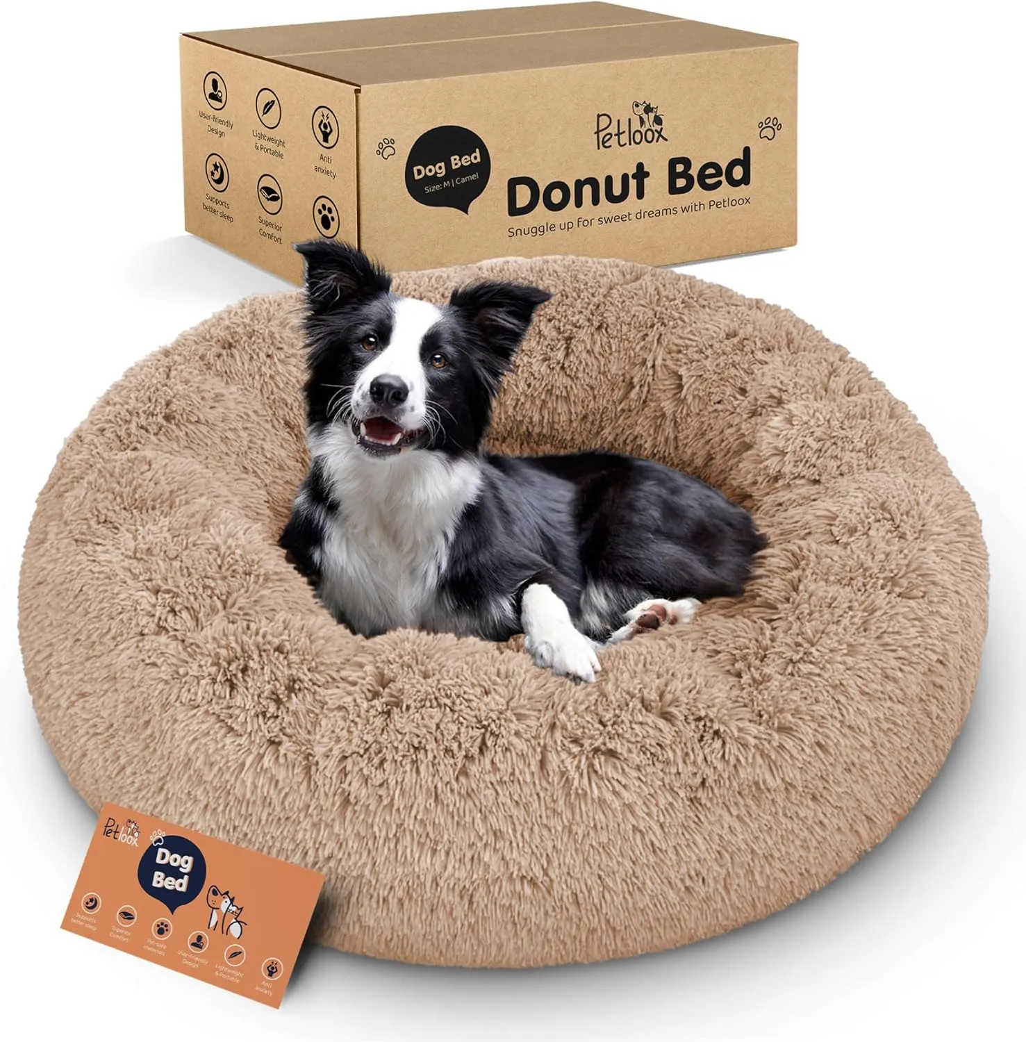 Donut Dog Bed - Premium Comfort for Anxiety Relief - Fluffy & Calming Design with Ultra-Plush Support | Cozy Round Dog Bed with Super Soft Circle Style (Size M Camel)