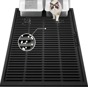 Extra Large Litter Mat: XL 40"x30" Silicone Waterproof Groove Design Litter Trapping Mat Easy to Clean for Multiple-Cats - Jumbo Non-Slip Cat Box Rug for Floor (Black)