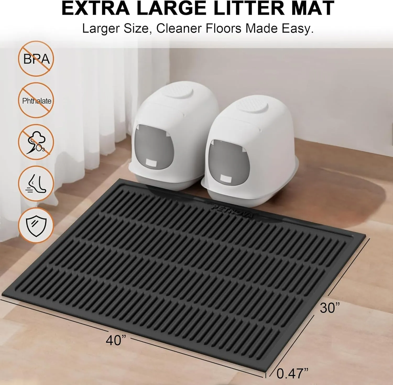 Extra Large Litter Mat: XL 40"x30" Silicone Waterproof Groove Design Litter Trapping Mat Easy to Clean for Multiple-Cats - Jumbo Non-Slip Cat Box Rug for Floor (Black)