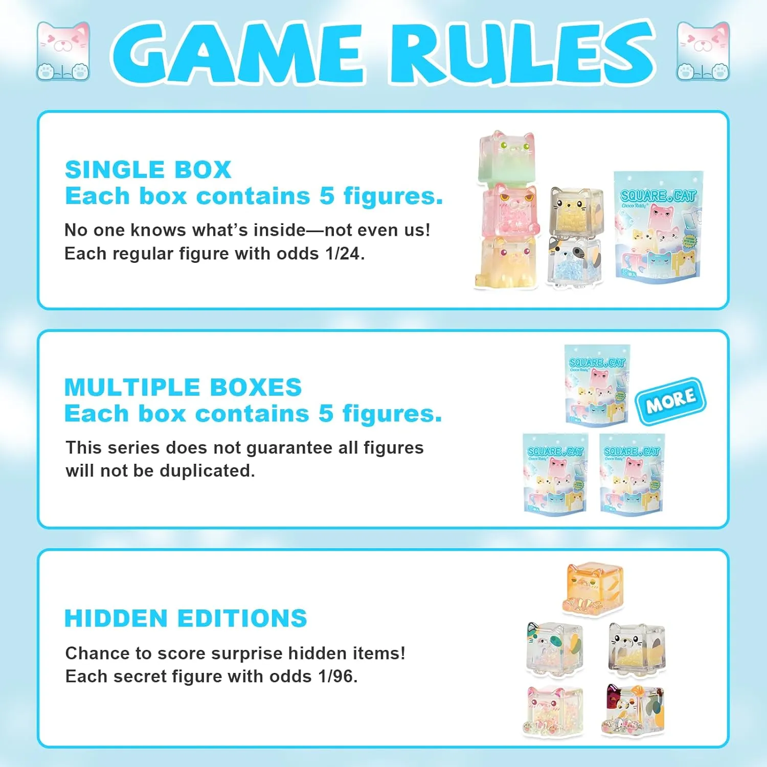 Glow in The Dark Figure, Square Cat Series Blind Box (5 Figures per Box) Random Style Action Figure Cute Blind Bag Collectible Toys - Mini Figures Mystery Box for Cat Lovers Birthday Gift & Desk Decor