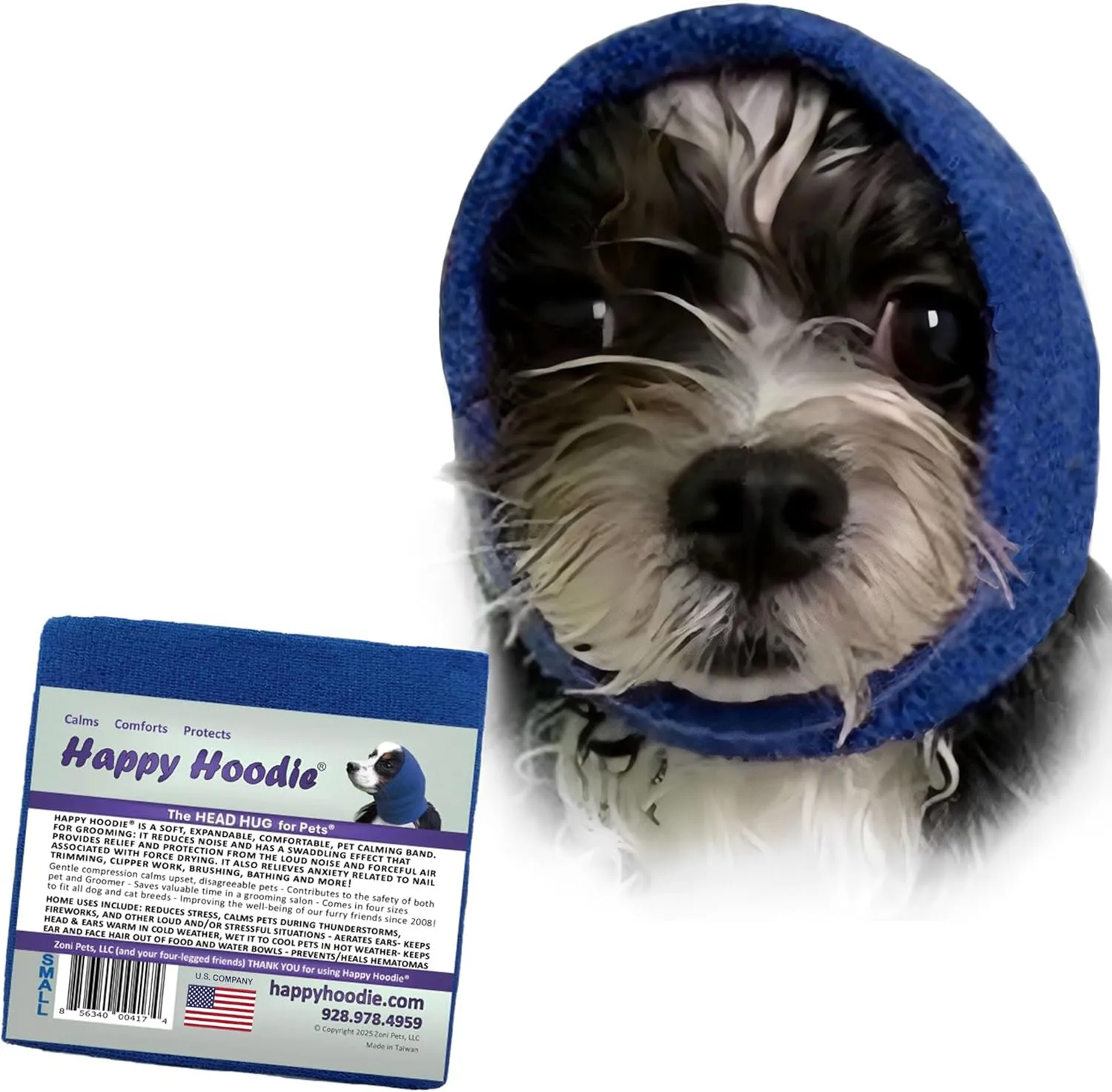 Happy Hoodie The Original Dog & Cat Calming Band, Anxiety Relief/Noise Protection-Grooming-Thunder-Fireworks (Small, Blue)