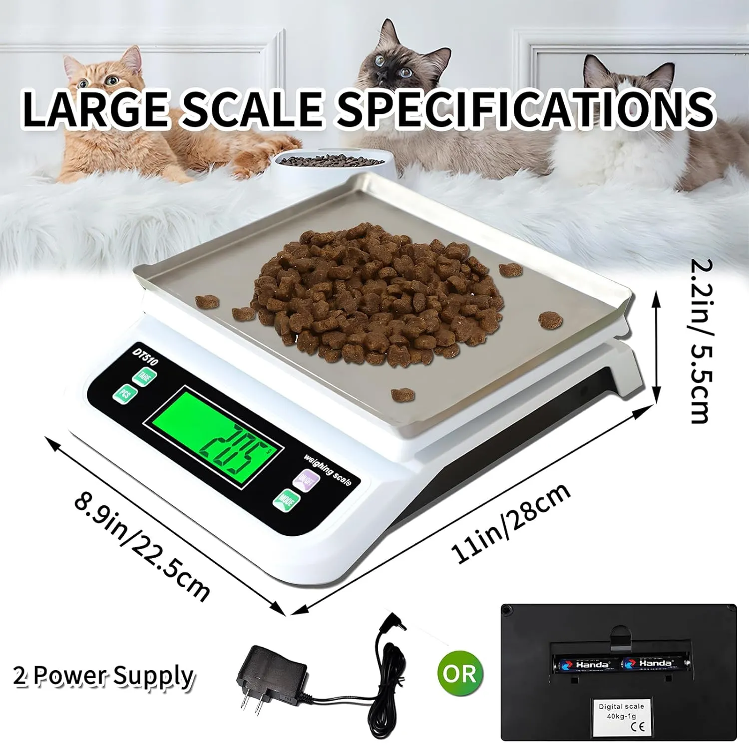 Large Digital Kitchen Scale 88lbs/40kg Kitchen Scales for Food with Tare and PCS Funtion LCD Display Stainless Stee Tray Baking Scale for Baking and Cooking, Adapter Included (White, 40kg)