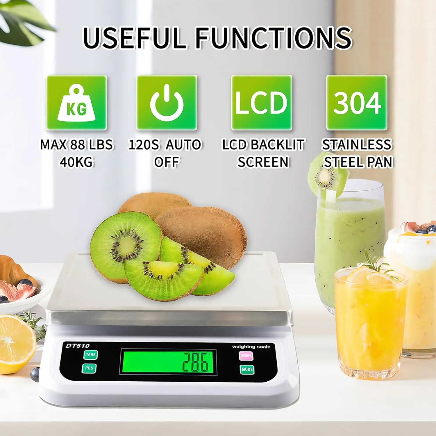 Large Digital Kitchen Scale 88lbs/40kg Kitchen Scales for Food with Tare and PCS Funtion LCD Display Stainless Stee Tray Baking Scale for Baking and Cooking, Adapter Included (White, 40kg)