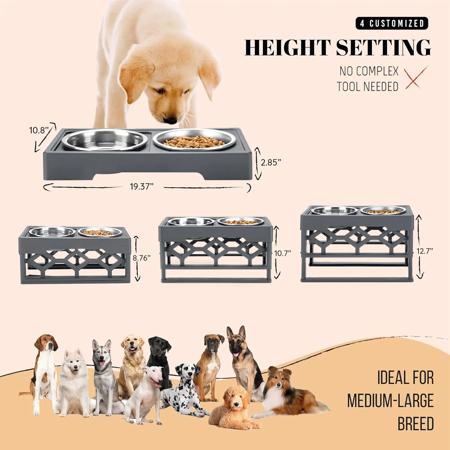Large Dog Bowls Elevated, 4 Height Adjustable Raised Dog Bowl Stand with 2 Stainless Steel Food and Water Bowls Set, Tall Dogs Feeding Station with Anti-Slip Base for Medium Large Breeds Dogs