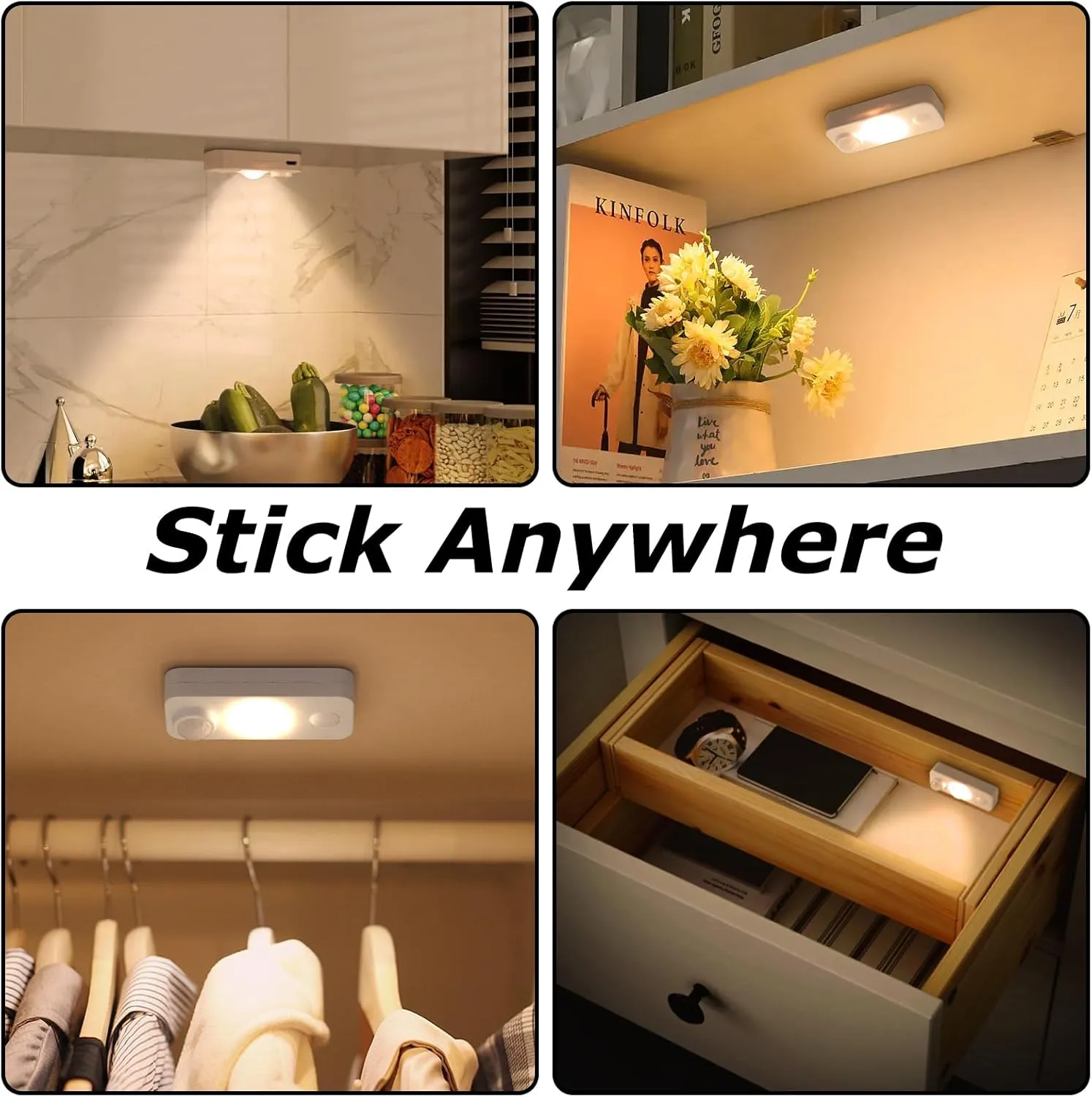 LED Motion Sensor Puck Lights, Rechargeable Cabinet Lights, Stick on Wireless LED Night Light for Closet, Drawer, Shelf, Under Cabinet, Warm White 8Pack, USB Charging Cord Included