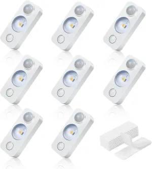 LED Motion Sensor Puck Lights, Rechargeable Cabinet Lights, Stick on Wireless LED Night Light for Closet, Drawer, Shelf, Under Cabinet, Warm White 8Pack, USB Charging Cord Included