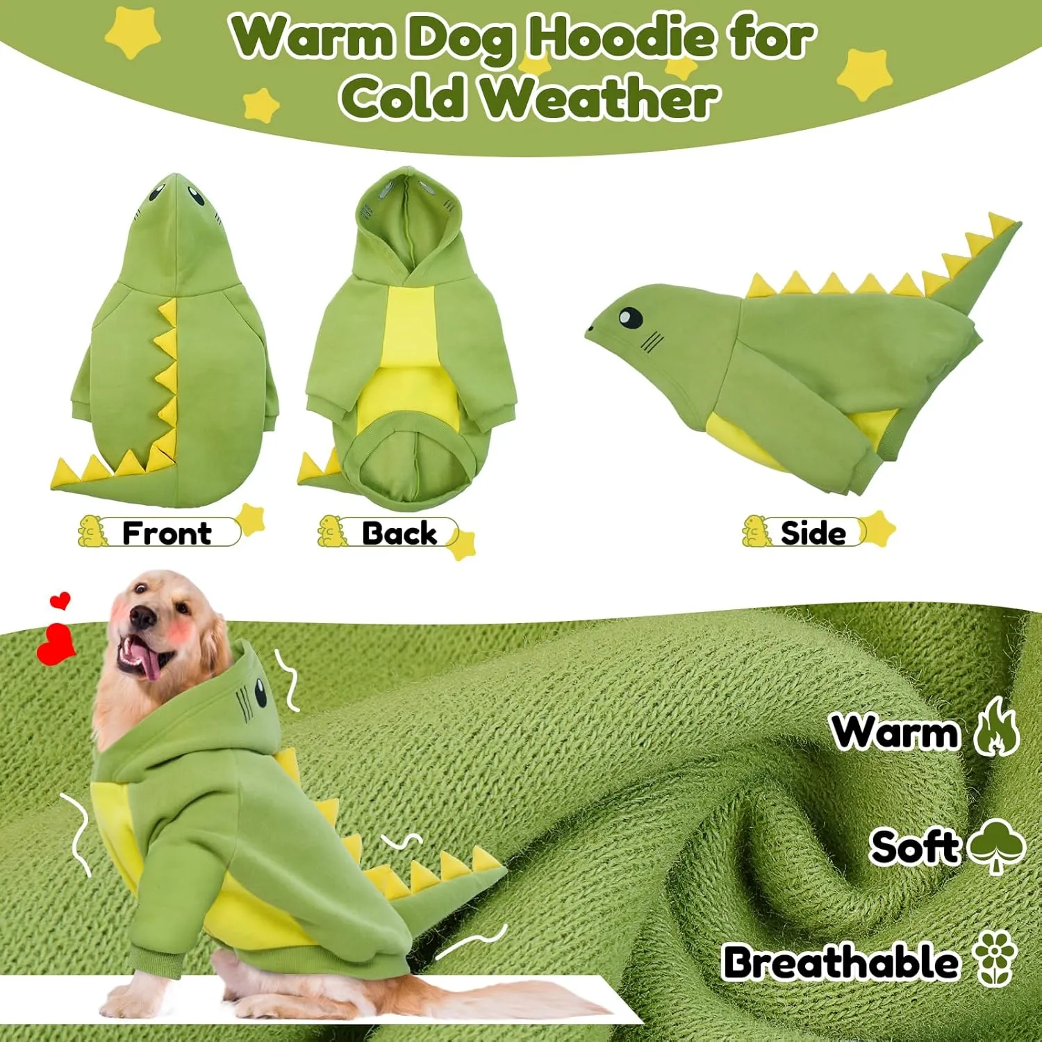 LeLePet Dinosaur Costume - Large Dog Halloween Costume, Warm Fleece Hoodie for Large Dogs, Thick Sweatshirt, French Bulldog, Beagle, Lab, Dachshund, Greyhound, Pitbull, Green XS-2XL