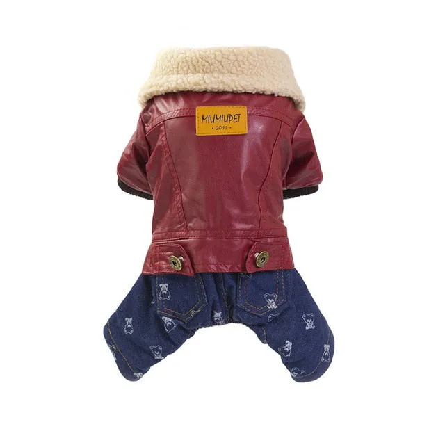 Luxury Leather Dog Winter Coat Apparel Puppy Jumpsuit