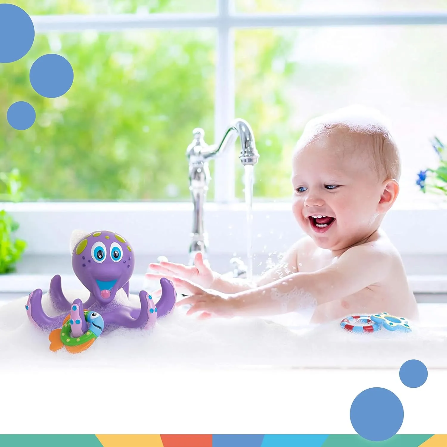 Nuby Floating Octopus Toy with 3 Hoopla Rings - Baby Bath Toy for Boys and Girls - 18  Months - Purple (Pack of 1)