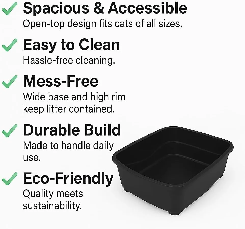 Open Cat Litter Box  Large Nonstick Litter Pan for Small & Large Cats | Durable Standard Box, Easy to Clean (Black)
