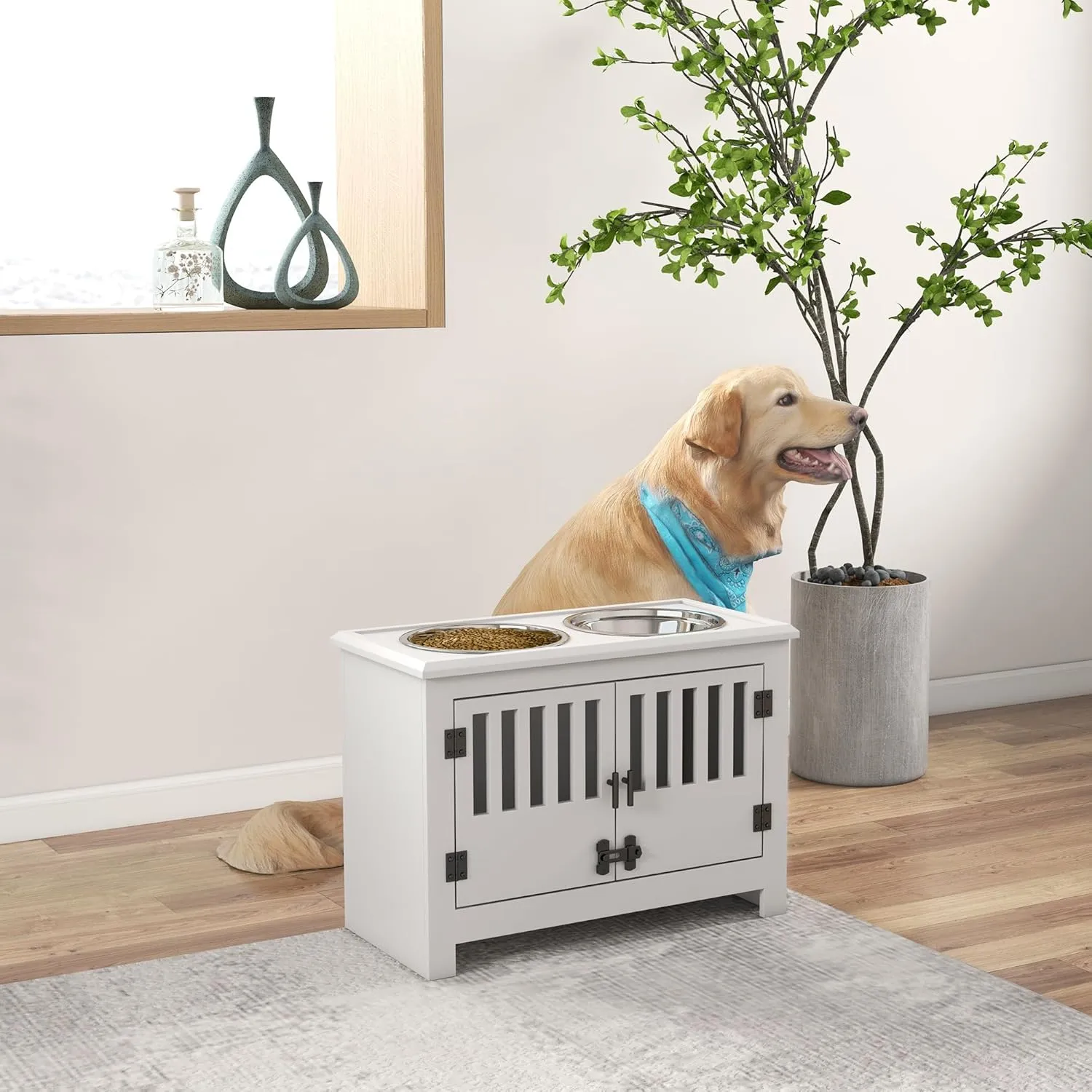 PawHut Large Elevated Dog Bowls with Storage Cabinet - 37L Capacity, Raised Dog Bowl Stand Feeding Station, White