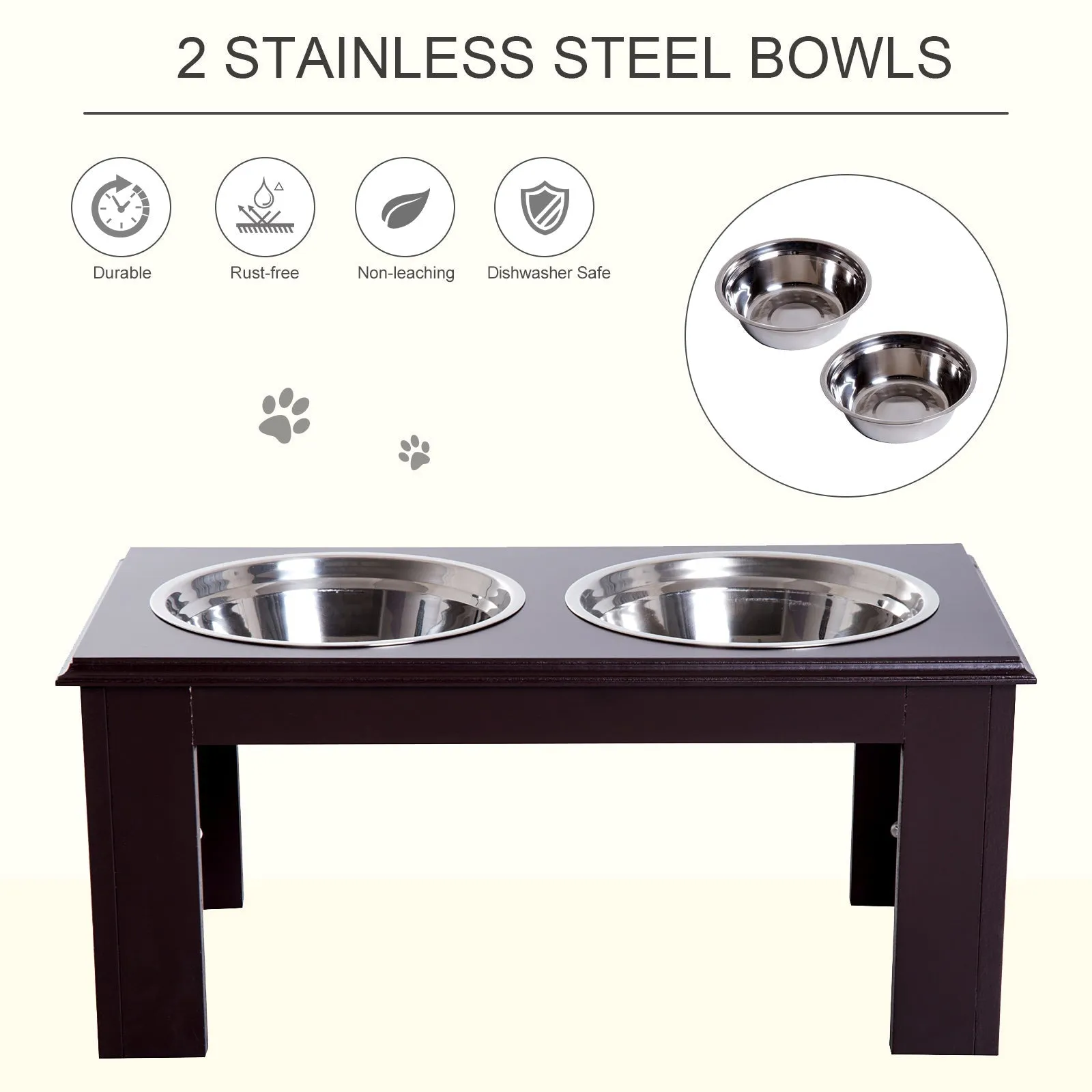 PawHut Raised Dog Feeding Bowls with Stand, Stainless Steel for Small and Medium Dog, 58L x 31W x 25H cm - Brown