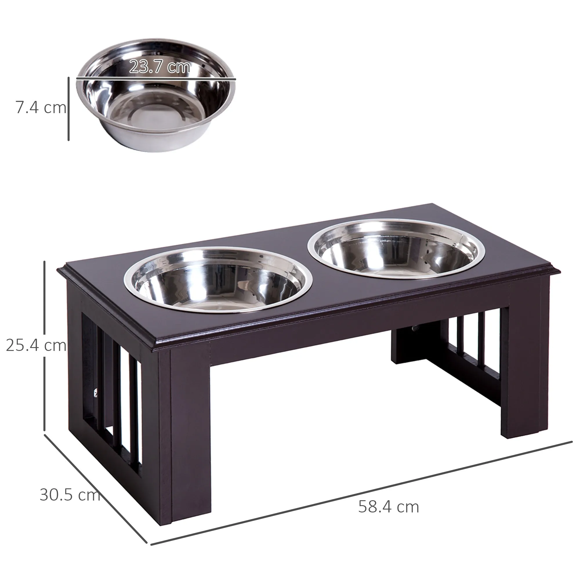 PawHut Raised Dog Feeding Bowls with Stand, Stainless Steel for Small and Medium Dog, 58L x 31W x 25H cm - Brown