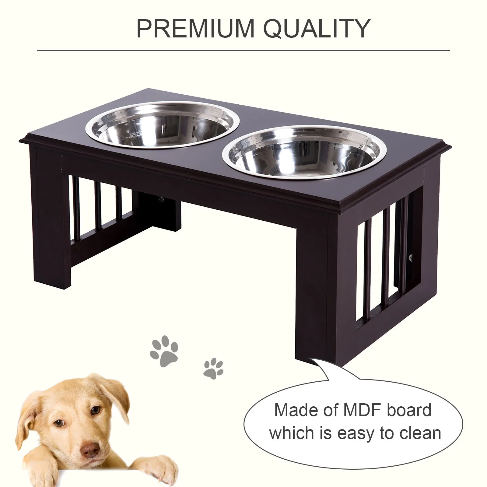 PawHut Raised Dog Feeding Bowls with Stand, Stainless Steel for Small and Medium Dog, 58L x 31W x 25H cm - Brown