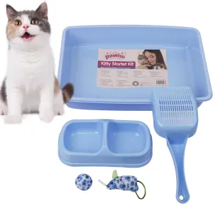 PAWISE Small Cat Litter Box for Kitten, Blue Plastic Kitten Litter Box with Cat Scooper,Bowls, Mouse Toy and Ball Toy with Catnip, Low Entry Small Pet Starter Kit, Easy to Clean