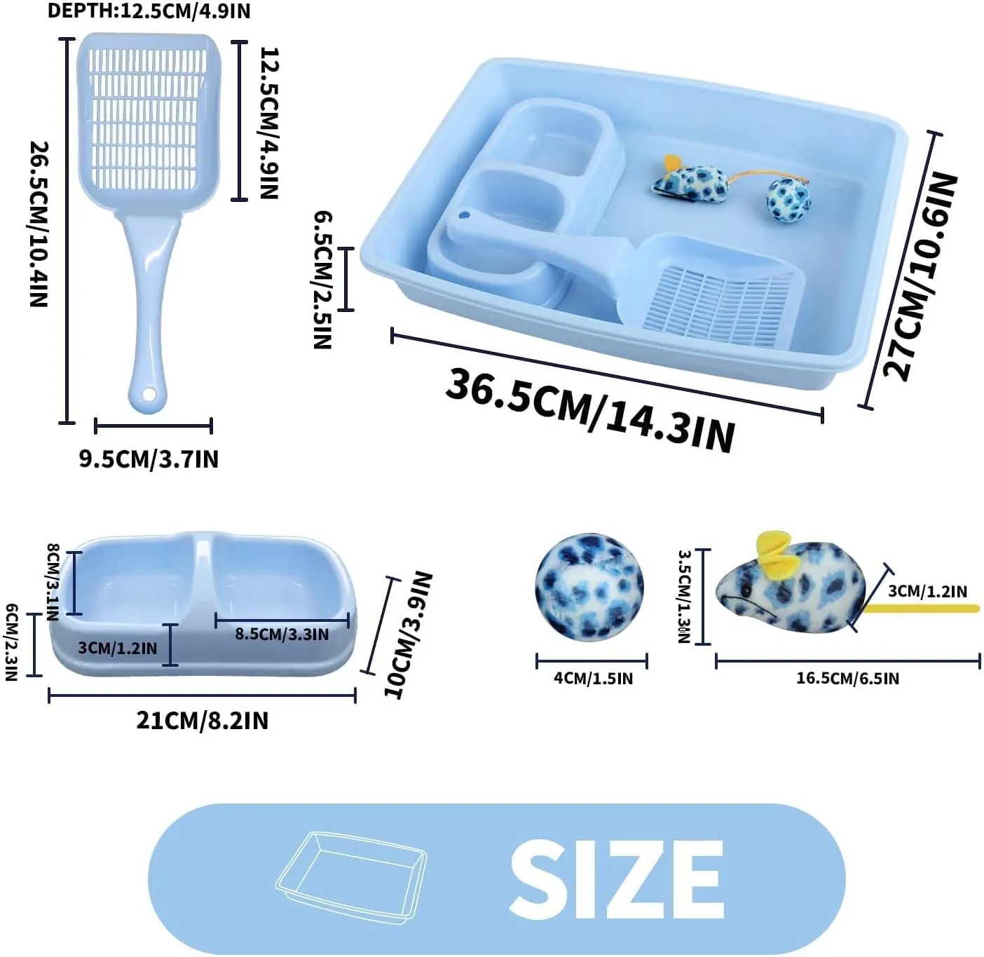 PAWISE Small Cat Litter Box for Kitten, Blue Plastic Kitten Litter Box with Cat Scooper,Bowls, Mouse Toy and Ball Toy with Catnip, Low Entry Small Pet Starter Kit, Easy to Clean