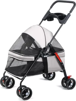 Pet Stroller 4 Wheels Dog Cat Stroller,Outdoor Trave Pet Folding Stroller,Foldable Dog Cat Cage Jogger Stroller with Cup Holder,Breathable and Visible Mesh for Medium Dogs Cats Grey