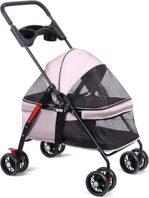 Pet Stroller 4 Wheels Dog Cat Stroller,Outdoor Trave Pet Folding Stroller,Foldable Dog Cat Cage Jogger Stroller with Cup Holder,Breathable and Visible Mesh for Medium Dogs Cats Pink