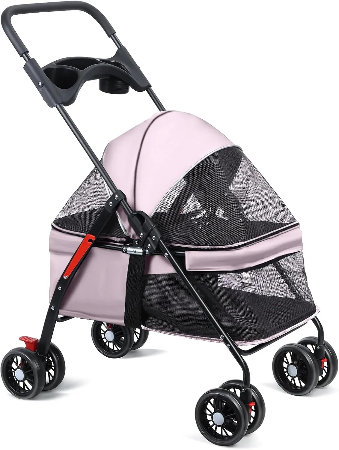 Pet Stroller 4 Wheels Dog Cat Stroller,Outdoor Trave Pet Folding Stroller,Foldable Dog Cat Cage Jogger Stroller with Cup Holder,Breathable and Visible Mesh for Medium Dogs Cats Pink