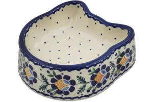 Polish Pottery 7" Pet Bowl Orange And Blue Flower