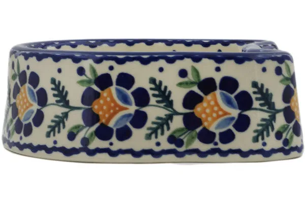 Polish Pottery 7" Pet Bowl Orange And Blue Flower