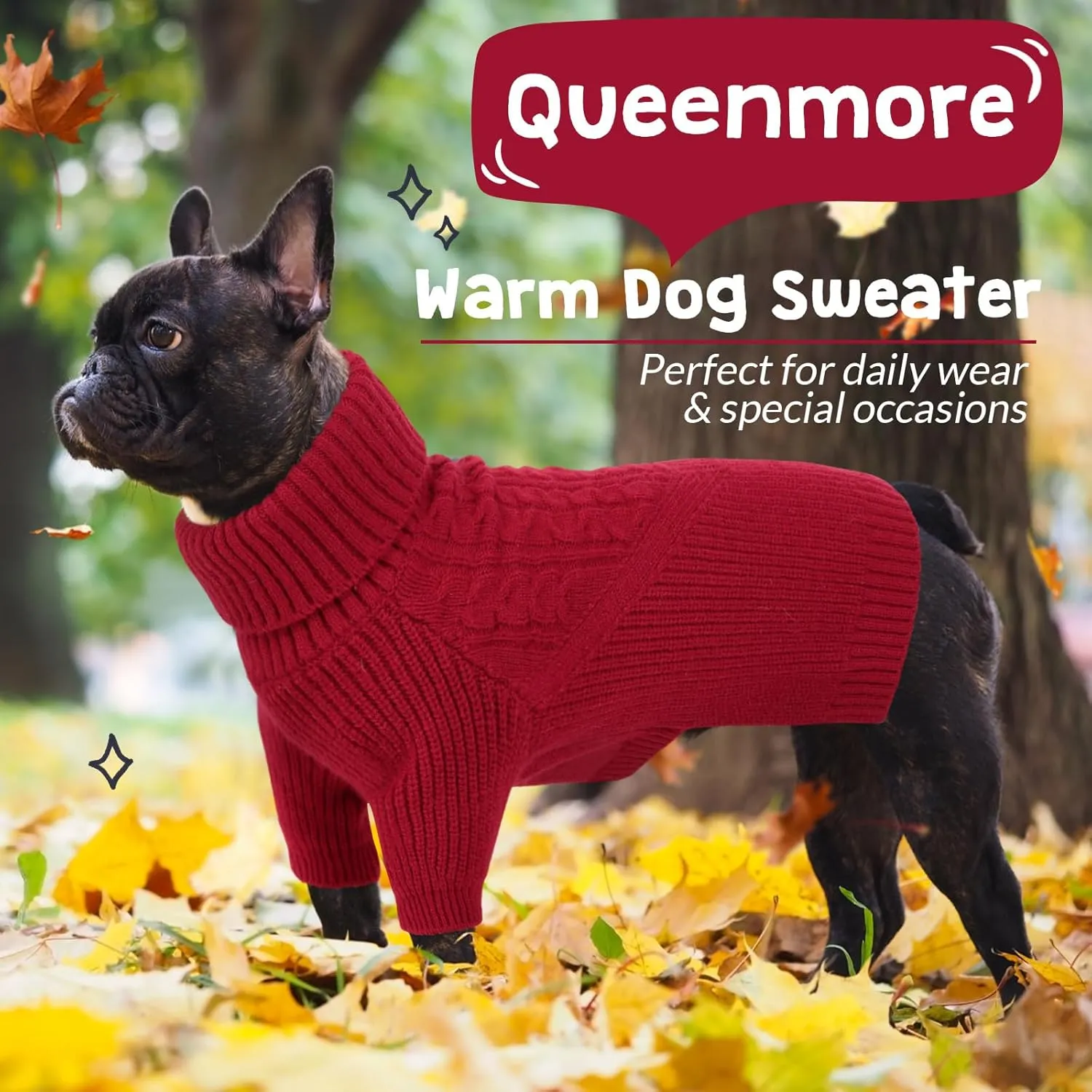 Queenmore Dog Sweater, Puppy Sweater for Small Dogs,Warm Winter Fall Dog Sweaters for Dog Girls Boys, Solid Turtleneck Knit Sweater for Large Medium Dogs,Long Sleeves Christmas Dog Sweater Red,XS