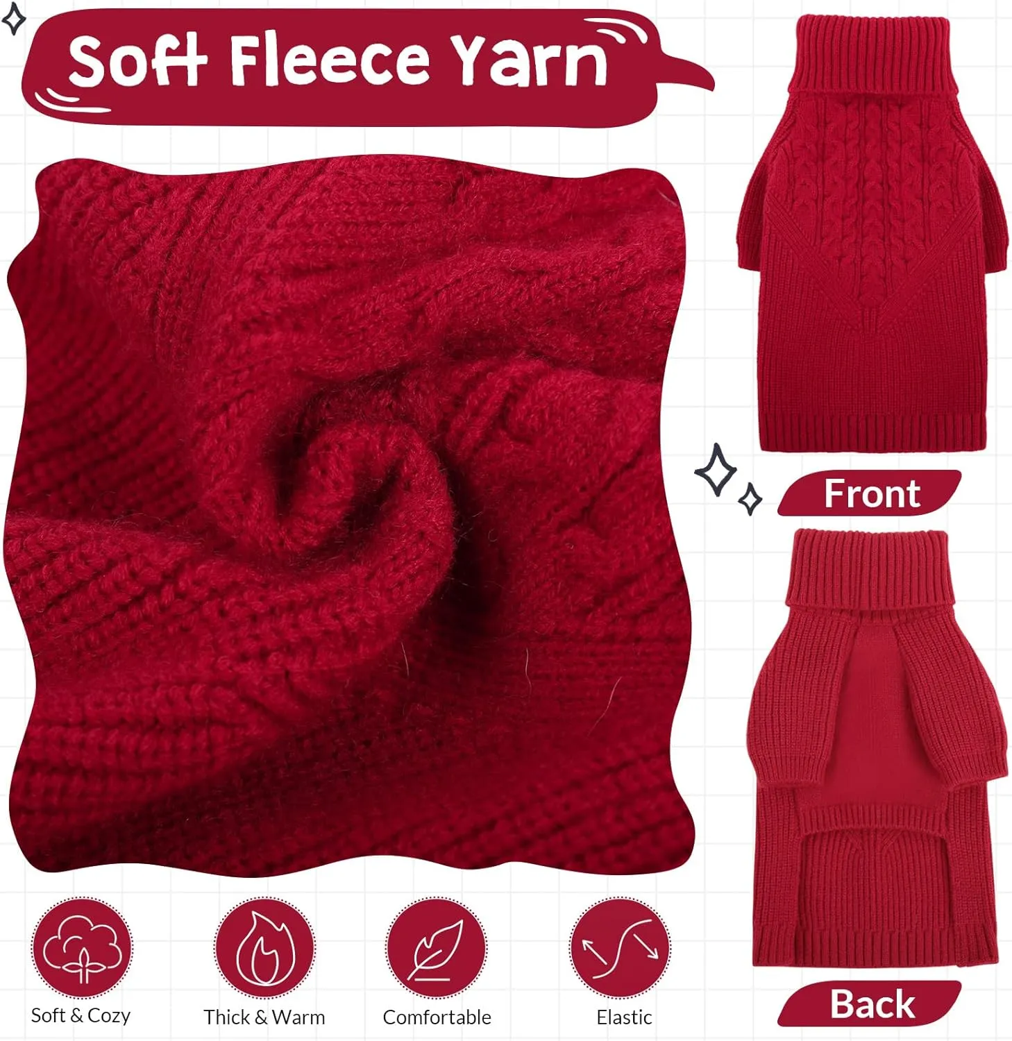 Queenmore Dog Sweater, Puppy Sweater for Small Dogs,Warm Winter Fall Dog Sweaters for Dog Girls Boys, Solid Turtleneck Knit Sweater for Large Medium Dogs,Long Sleeves Christmas Dog Sweater Red,XS