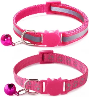Reflective Cat Collar with Bells, [2 Pack] Hot Pink Break Away Kitten Collar with Bells, Breakaway Cat Collar for Girl Cats Kitty