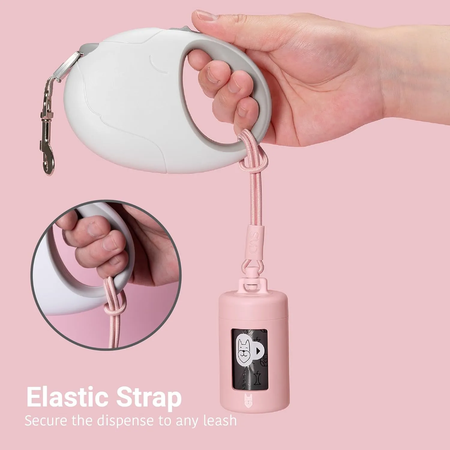 Retractable Dog Waste Bag Dispenser and Bag Holder Kit, Dog Poop Bag Dispenser, Retractable Waste Bag Dispenser, Lightweight Poop Bag Holder, Stretchy Strap Fits Any Dog Leash (Pink)