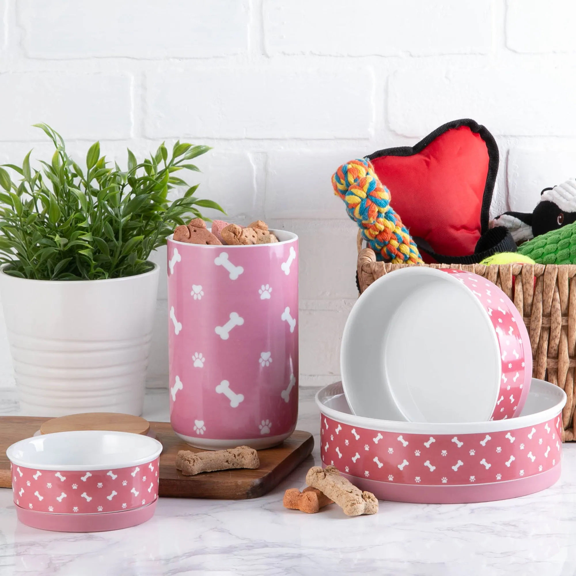 Rose Bone & Paw Print Pet Bowl Set of 2, Medium - 1.5 C. Capacity