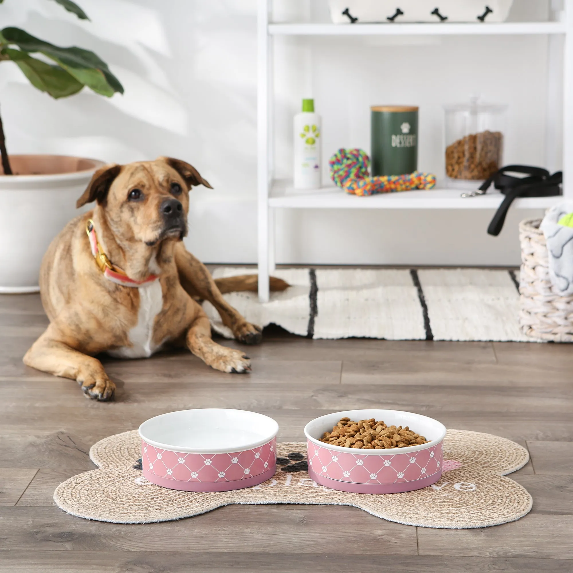 Rose Trellis Paw Print Pet Bowl Set/2, Large 3.75 C. Capacity