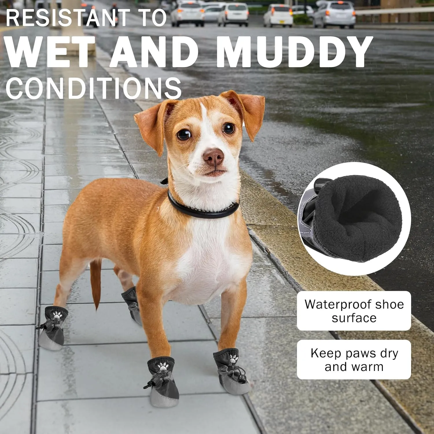 SCENEREAL Dog Shoes Small Sized Dogs, Anti-Slip Dogs Boots & Paw Protector with Reflective Straps & Warm Fleece, Waterproof Soft Dog Booties for Hot Pavement Hardwood Floors, Black Size 4