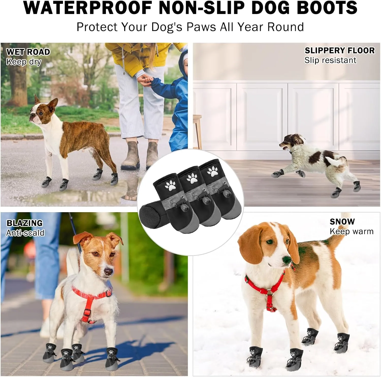 SCENEREAL Dog Shoes Small Sized Dogs, Anti-Slip Dogs Boots & Paw Protector with Reflective Straps & Warm Fleece, Waterproof Soft Dog Booties for Hot Pavement Hardwood Floors, Black Size 4