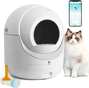 Self Cleaning Cat Litter Box, Anti-Pinch/Odor-Removal Design Large Automatic Cat Litter Box, Cat Litter Box for Multiple Cats with Garbage Bags/Brush, All Litter Can Use, Easy Clean, Smart App Control