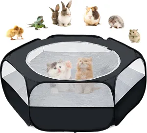 Small Animal Playpen, SKYKA Pet Playpens, Rabbit Playpen Cat Playpen with Cover Top Guinea Pig Toys Playpen for Hamster/Ferret/Bunny/Kitten/Chick Brooder Box Cage Tent, Indoor Outdoor Waterproof Black