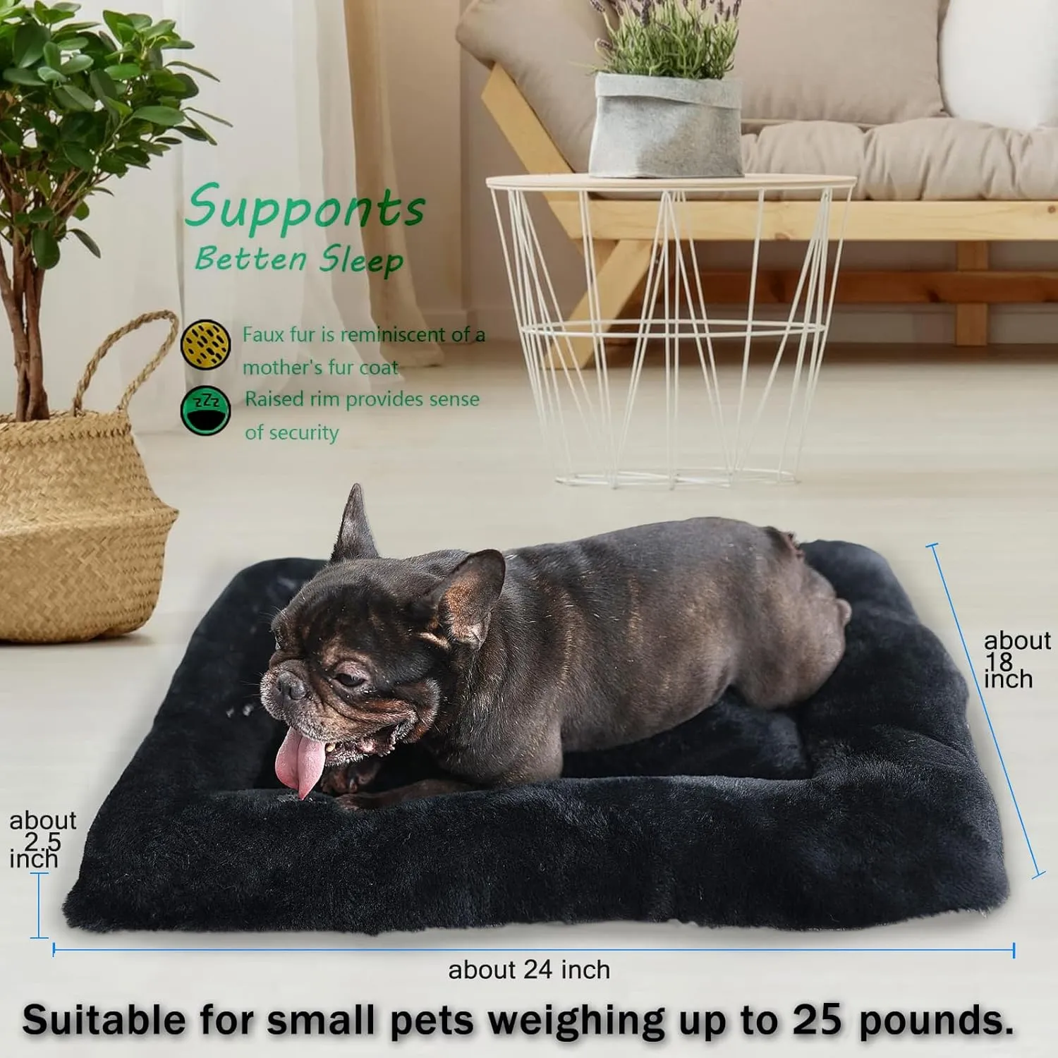 Small Dog Crate Bed 24 x 18 - Washable Extra Soft Kennel Mat, Cozy Fluffy With Anti-Slip Bottom for 24 Inch Crates - Pillow Cushion Puppy Mattress Pad, Black