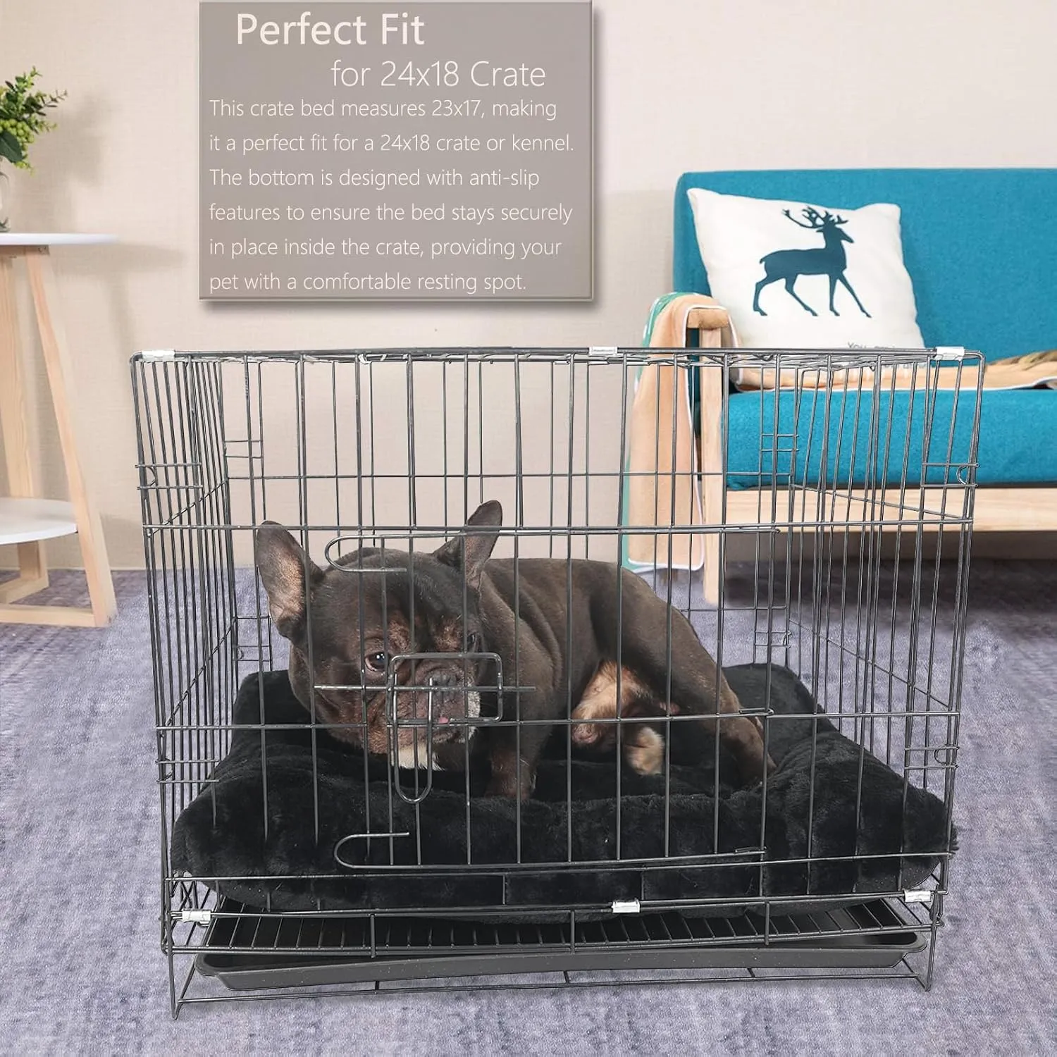 Small Dog Crate Bed 24 x 18 - Washable Extra Soft Kennel Mat, Cozy Fluffy With Anti-Slip Bottom for 24 Inch Crates - Pillow Cushion Puppy Mattress Pad, Black