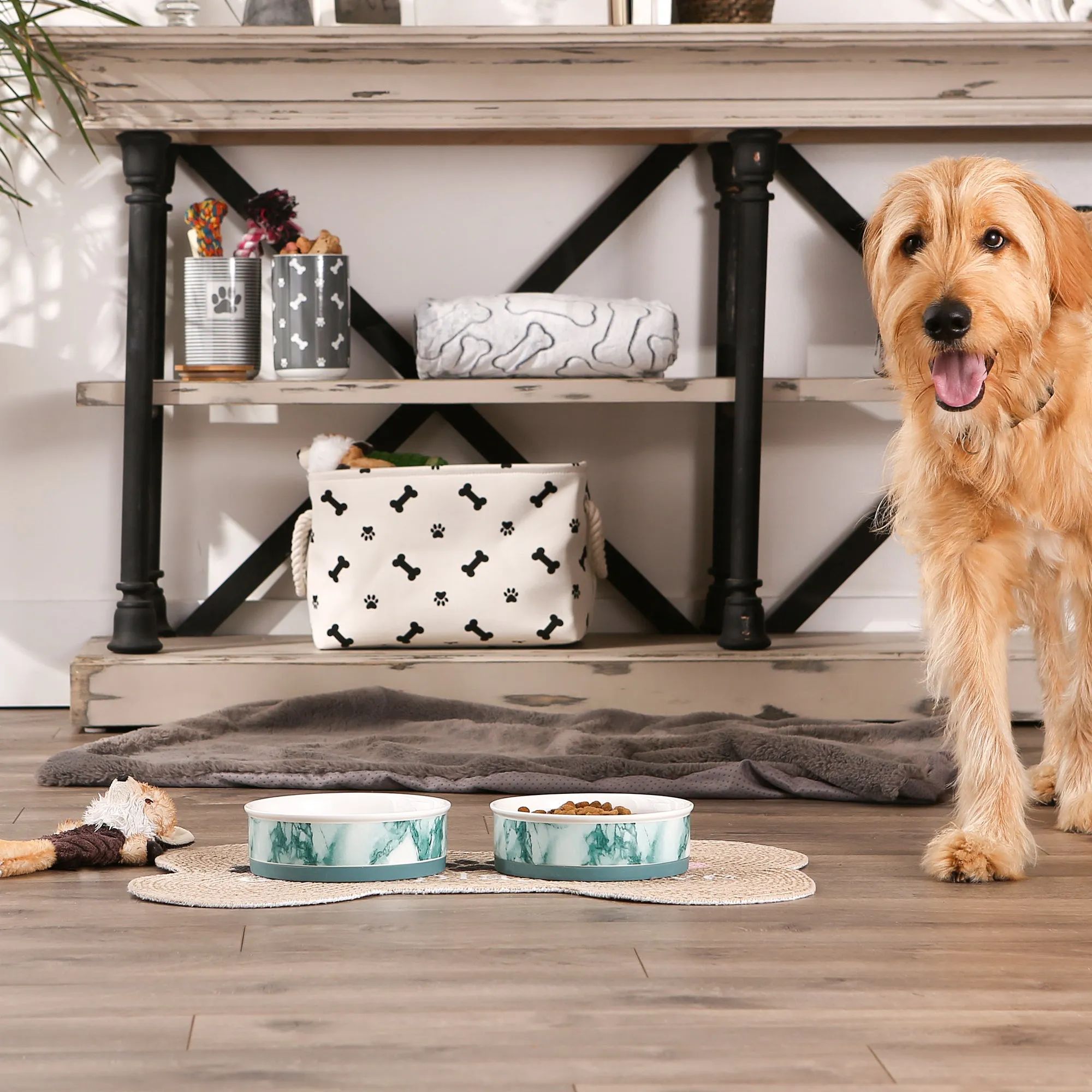 Teal Marble Pet Bowl Set of 2, Large 3.75 C. Capacity