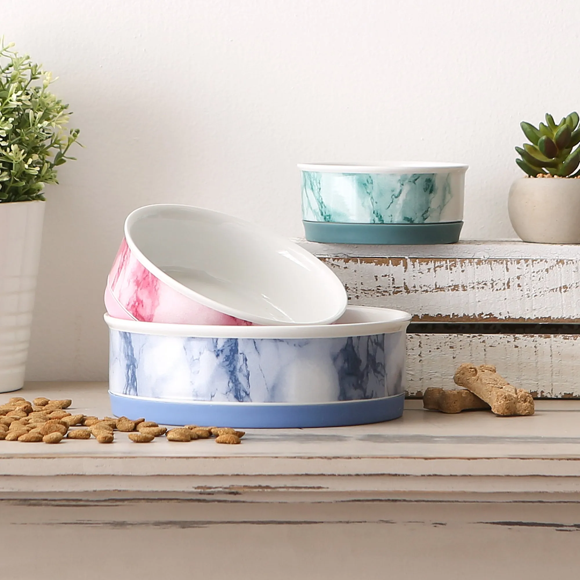 Teal Marble Pet Bowl Set of 2, Large 3.75 C. Capacity