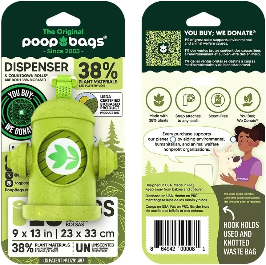 The Original Poop Bags Hydrant Dispenser & Dog Waste Bags  Leak-Proof, Strong, Unscented, 38% Plant-Based, Includes 15 Bags, Attaches to Any Leash