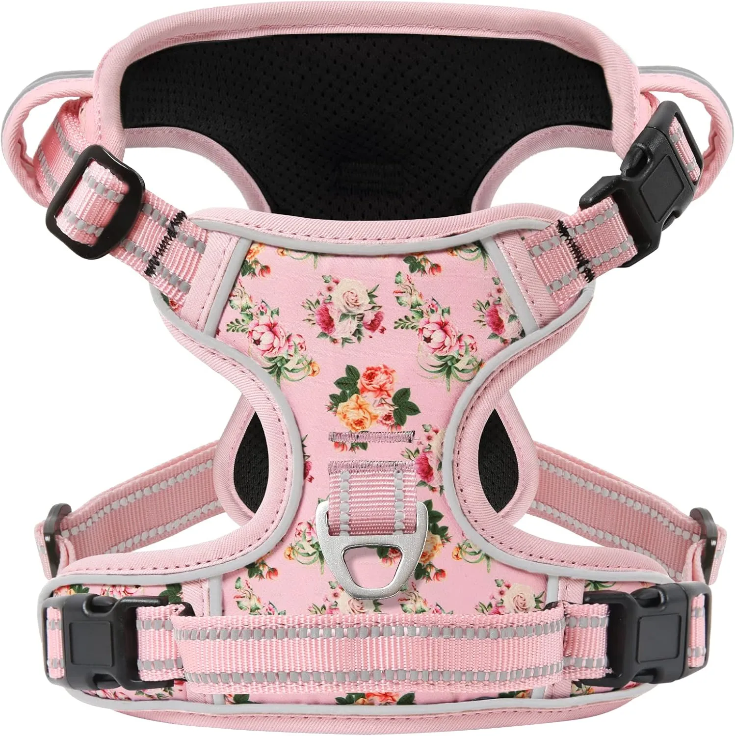 Timos No Pull Dog Harness,NO Need Go Over Dogs Head 3 Snap Buckles Reflective Oxford No Choke Harness with Front & Back 2 Metal Leash Clips Soft Padded for Small Medium Large Dogs Pink S