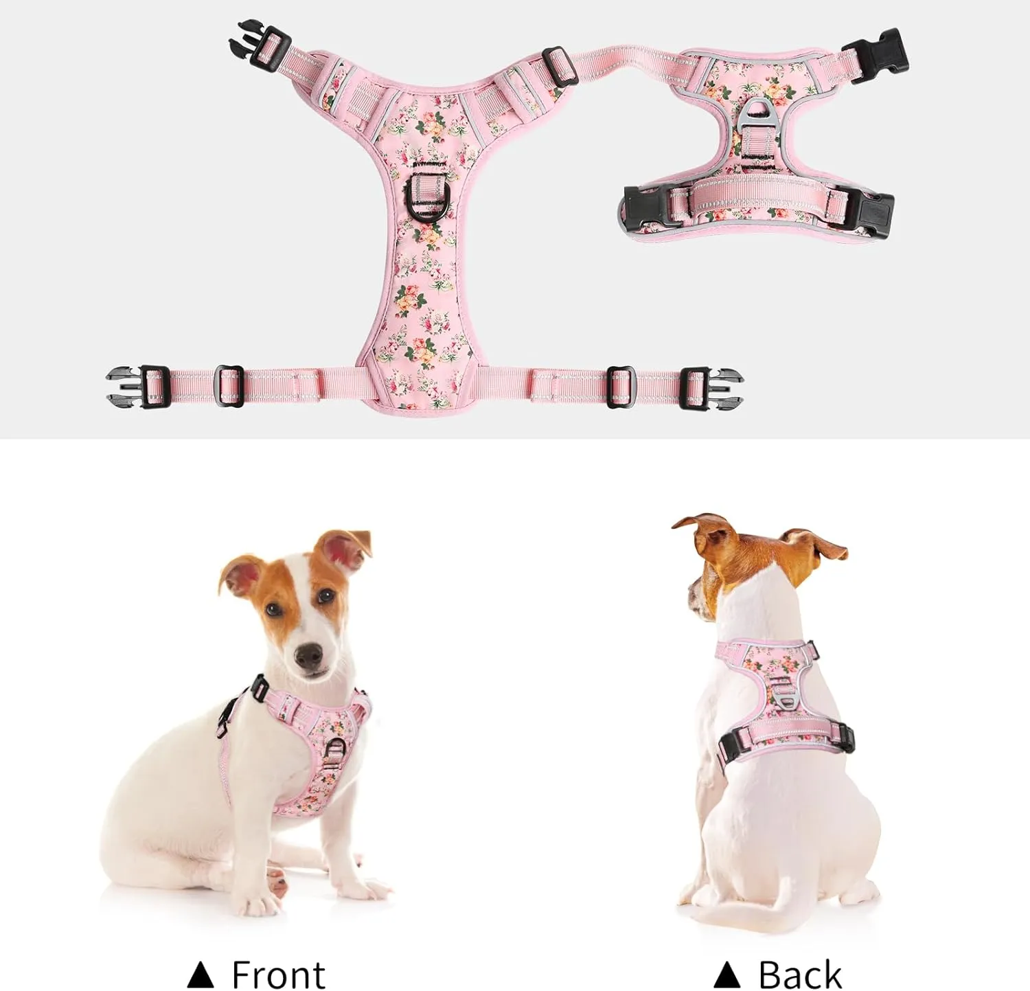 Timos No Pull Dog Harness,NO Need Go Over Dogs Head 3 Snap Buckles Reflective Oxford No Choke Harness with Front & Back 2 Metal Leash Clips Soft Padded for Small Medium Large Dogs Pink S