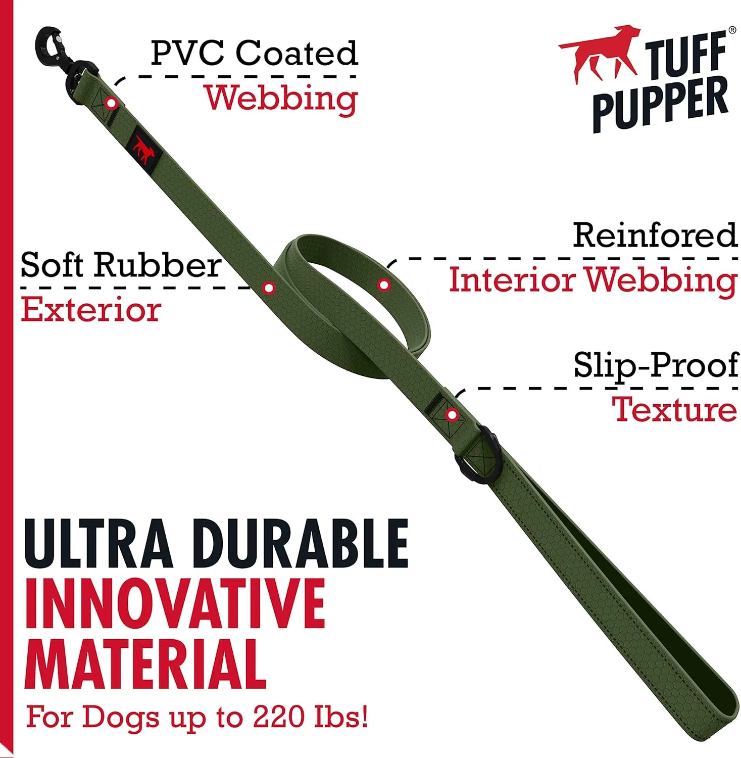 Tuff Pupper Waterproof Action Leash - Heavy Duty 6 Foot Dog Leash w/Aluminum Quick Release, Locking Carabiner Clip | Rust-Proof, Water Proof & Odor Free | For Adventurous Active Dogs