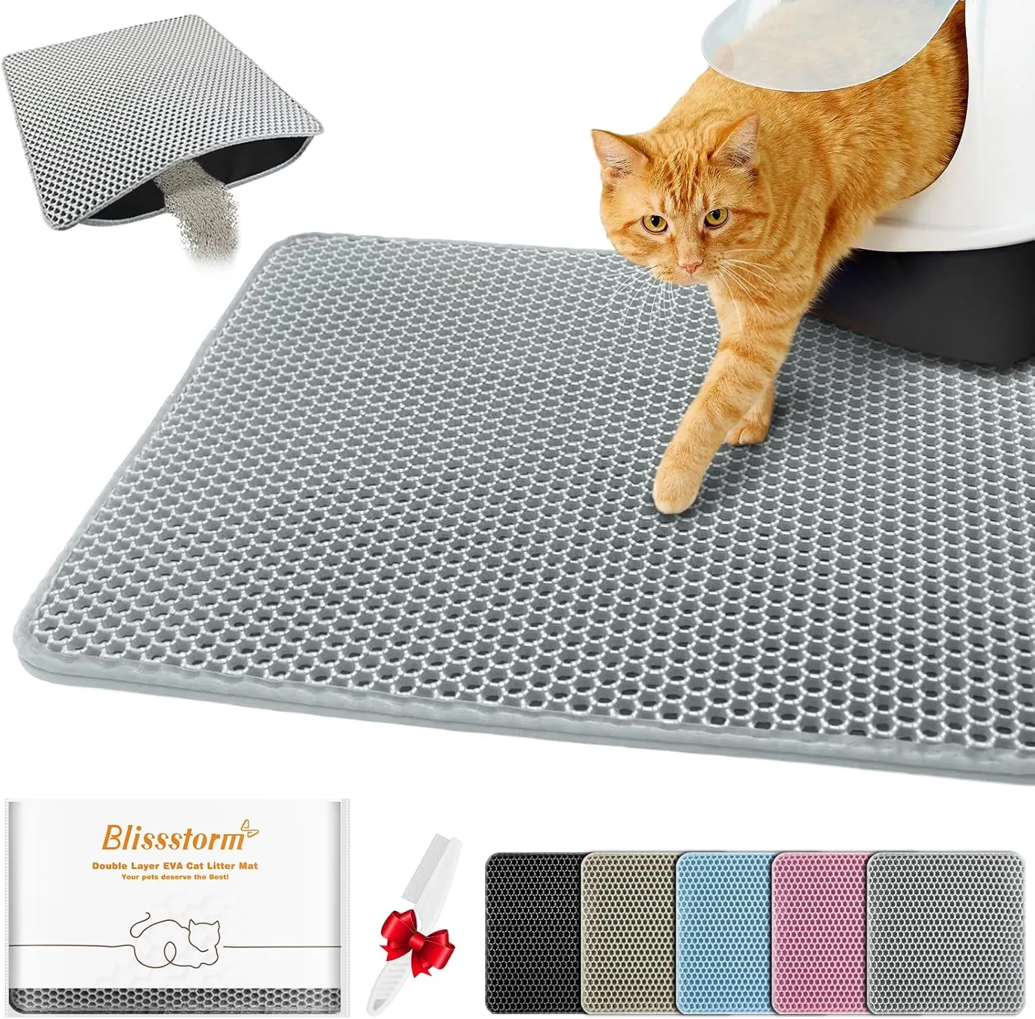 Waterproof Cat Litter Mat, Double Layer EVA, Odor-Free Large Grid, Urine Proof, Easy Cleanup (Gray, 12 x 18)