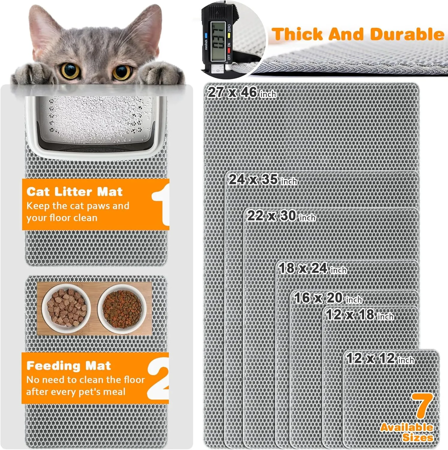 Waterproof Cat Litter Mat, Double Layer EVA, Odor-Free Large Grid, Urine Proof, Easy Cleanup (Gray, 12 x 18)